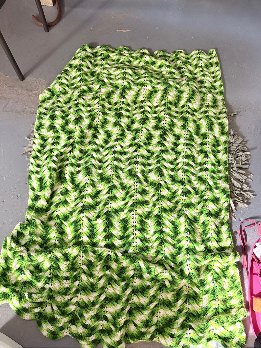 Handmade Green & White Crochet Throw Blanket